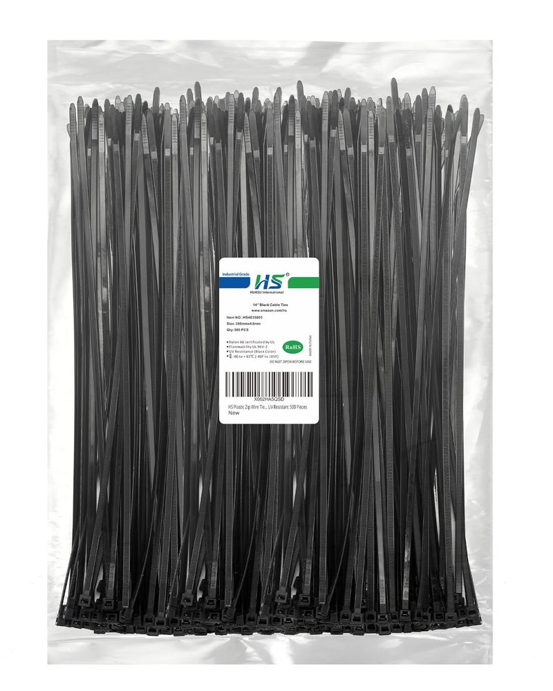 HS Plastic Zip Wire Ties Black Nylon Cable Zip Ties for Fencing Travel Outdoor Purpose, Cable Ties 14 Inch 50 LBS UV Resistant 500 Pieces - Image 1